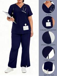 cimmuovere Ensemble de blouse et pantalon fendu pour femmes grandes tailles, col en V unicolore, manches courtes. Tenue de travail pour infirmière, laboratoire ou vétérinaire, avec poches. Printemps - Bleu marine - Voir 4
