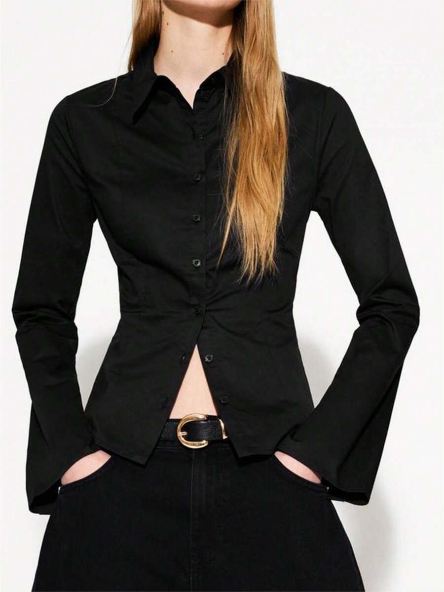 Womens Button Down Shirts Long Sleeve Stripes Print/Solid Color Slim Fit Tops Work Blouse - Negro - Ver 1