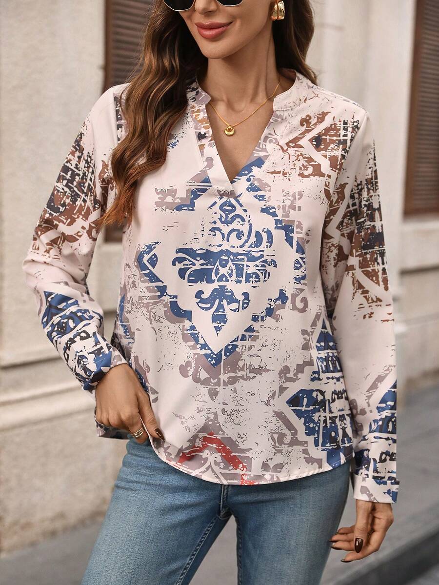 T-shirt à manches longues col V confortable avec imprimé géométrique rétro occidental, convient pour toutes les saisons - Multicolore - Voir 1