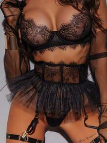 Sexy Lingerie Set Black Lace With Garter Belt And Ruffled Skirt, Erotic Underewar Festive Personalized Clothing, 5-Piece Set - 黑色 - 查看 1