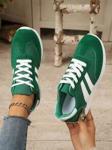 Women'S Retro Lightweight Slip-On Sneakers - White/Green & Red/White Color Options, Synthetic Cover Upper, Breathable Fabric Lining & Cushioned EVA/PVC Sole For Casual Sports & Casual Attire, Ladies Sneakers, Classic Stripe Design - 薄荷綠 - 查看 2