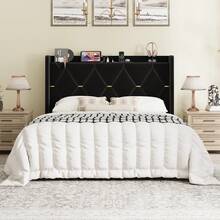 SHA CERLIN Full/Queen/King Velvet Upholstered Bed Frame With Charging Station, Modern Wingback Storage Headboard, Diamond Stitched & Gold Trim, No Box Spring Needed, Easy Assembly, Black - 黑色 - 查看 2