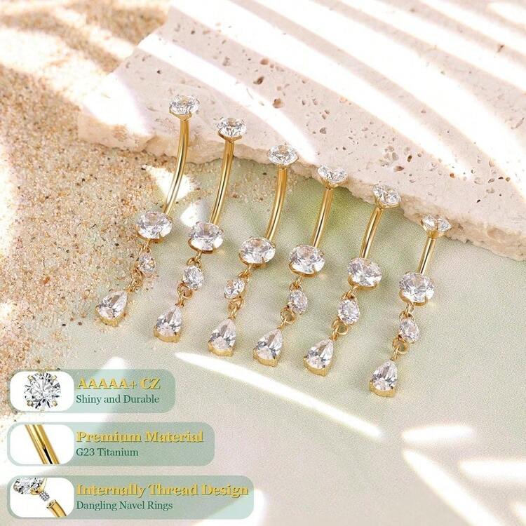 G23 Titanium Dangle Belly Button Rings Women Internally Thread Curved Barbell Belly Rings Dangling Navel Rings CZ Teardrop Navel Piercing Jewelry 6 - 16mm - 條長度 16 毫米 + 金 - 查看 3