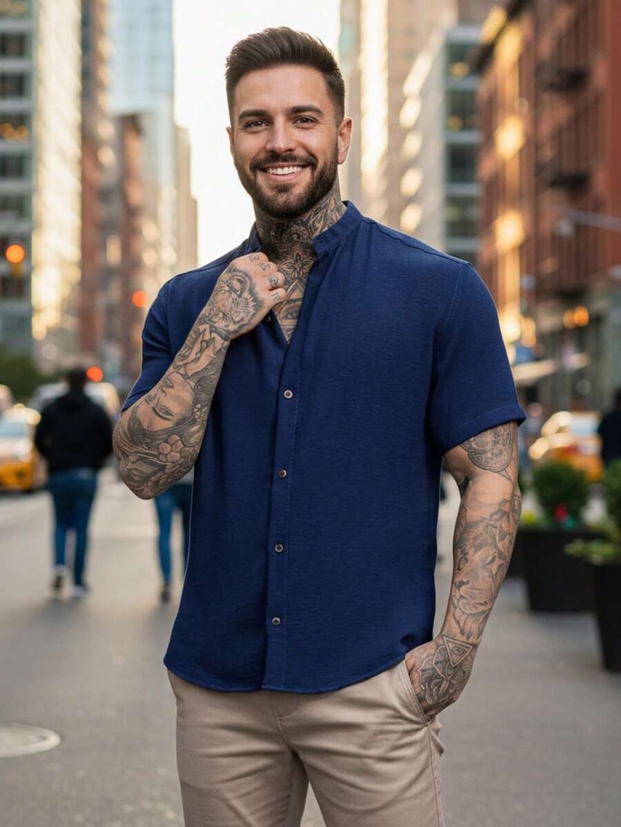 Men's Short Sleeve Priest Collar Shirt – Premium Quality, Perfect Fit, Light And Fresh Fabric, Easy To Iron. - 藍色 - 查看 1