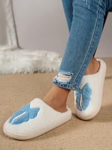 Pantoufles femme en peluche chaude avec nœud, à la mode et mignonnes pour la chambre, confortables et décontractées pour l'hiver