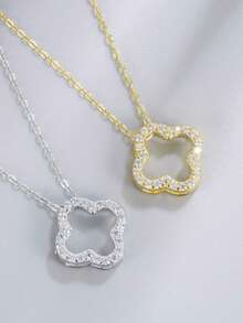 奢华优雅时尚 18k 镀金 925 纯银精美 Ewell 珠宝四叶草镂空锆石吊坠项链，女士日常佩戴