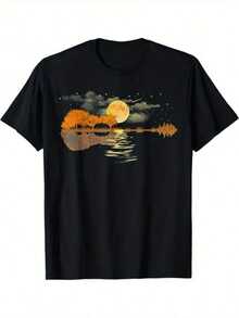 Camiseta estampada de cuello redondo y manga corta con paisaje lunar y reflejo en el agua - Negro - Ver 1
