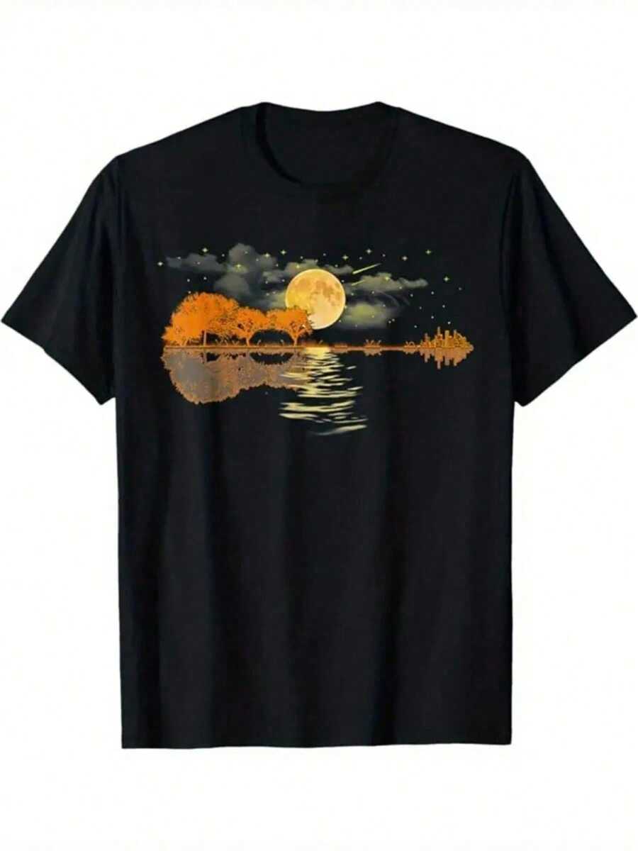 Camiseta estampada de cuello redondo y manga corta con paisaje lunar y reflejo en el agua - Negro - Ver 1