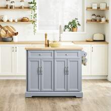 FKW71 Kitchen Island With 4 Hidden Wheels, Kitchen Trolley With Extendable Stainless Steel Worktop, Kitchen Cabinet, Serving Trolley, Wood, Dimensions (W X H X D): Approx. 115 X 92 X 46-71 Cm - Grey - View 12
