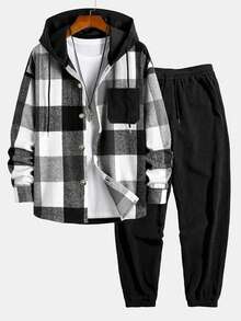 2 Pieces Set Of Tween/Teen Boys Plaid Hooded Shirt Jacket And Corduroy Casual Sweatpants Set, Spring And Autumn - Black - View 2