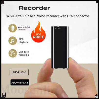 32GB Ultra-Thin Mini Voice Recorder Digtal Professional Sound Activated Dictaphone Noise Reduce Record Encrypt Documen MP3 Player