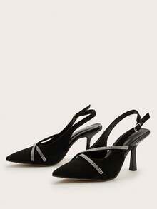 Tacones de aguja con puntera puntiaguda, decorados con strass, de ante sintético negro. Versátiles para uso diario, banquetes y fiestas. Tacones altos. - Negro - Ver 3