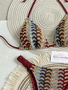 2026 Spring & Summer New Sexy Backless Mesh Textured Fabric Women's Beach Vacation Bikini 2-Piece Swimsuit Set, Suitable For New Year, Valentine's Day, Music Festival, Hot Spring, Pool Party, - Multicolor - View 4