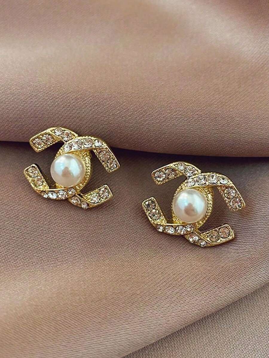 2pcs Fashionable Luxury Encrusted Criss-Cross Pearl Stud Earrings, Versatile C-Shaped Earrings Suitable For Women's Daily Wear, Outings And Events - Gold - View 1