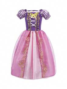 Conjunto de 8 piezas con vestido de manga corta estilo princesa con estampado floral morado y accesorios para niñas, disfraz de lujo para Navidad, Halloween, fiestas - Morado - Ver 3