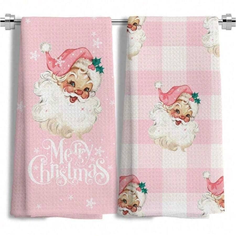 2pcs 18*26 Inch Pink Christmas Kitchen Towels, Vintage Santa Hand Towels For Bathroom & Dish Use Merry Christmas Decor, Festive Dish Drying, Seasonal Home Decor, Cartoon Holiday Design, Classic Christmas Print, Highquality Textiles