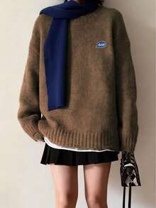 Loose Oversized Knit Sweater For Women, Thick Pullover With Embroidery, Winter - Brown - View 2