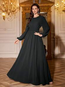 Volly Toych Black Minimalist Robe, Elegant Chiffon Robe With Puff Sleeves And Pleated Bust, Suitable For Formal Occasions, Bridesmaid Dress, Unlined Sleeves - Black - View 6