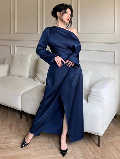 abyoxi Vestido largo de satén azul marino con un hombro, cintura plisada, adorno de hebilla metálica, abertura frontal alta, elegante y vintage, sexy y glamoroso, para negocios, fiestas, cenas formales, Año Nuevo, San Valentín, primavera, verano, otoño e invierno