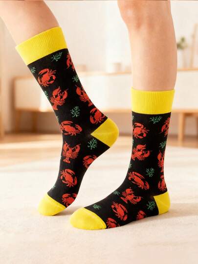 1 par de calcetines unisex con patrones geométricos, de animales, cósmicos, de plantas y florales en negro, adecuados para Halloween, festivales y uso diario en interiores/exteriores