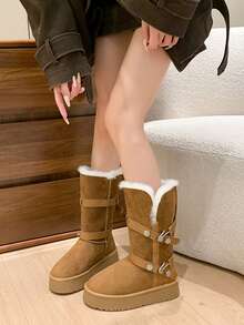 Modne, uniwersalne, skórzane, zapinane na klamrę paska, ciepłe, sięgające do połowy łydki buty zimowe, nowe, grube, grube buty śnieżne dla kobiet - Wielbłąd - Zobacz 2