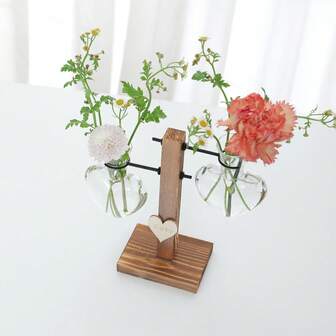 Hydroponisk transparent glasvas, kreativ hjärtformad behållare för torkade blomsterarrangemang, modern växtförädlingsstation för skrivbordsblommor, hjärtformad lökvas, bordsdekoration, dekorativ vas, sovrumsdekoration, höstdekoration för bondgårdsrum, fyra årstidsdekoration för hemmet, vårfestivaldekoration, vardagsrumsdekor, retro träblomstativ [exklusive växtbuketter]