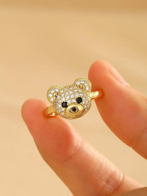 1pc Casual Charming Elegant Gold Stainless Steel Small Bear Zirconia Inlaid Open Ring, Suitable For Children And Students Decoration, Can Be Used For Parties, Gatherings, Festivals And Gifts