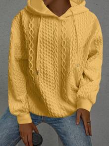 Áo nỉ tay dài dệt kim jacquard màu trơn dáng rộng thoải mái dành cho nữ cỡ lớn - Màu vàng - Xem 6