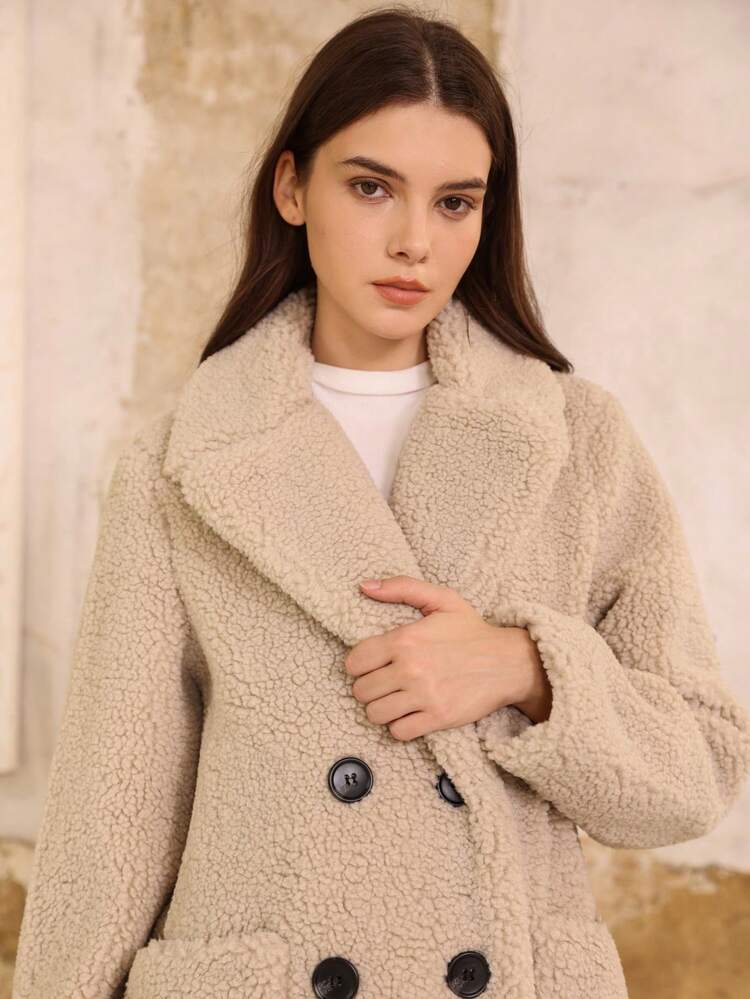 RELISH NOLESS 女士休闲仿皮草双排扣外套，秋冬季 - 杏色 - 查看 4