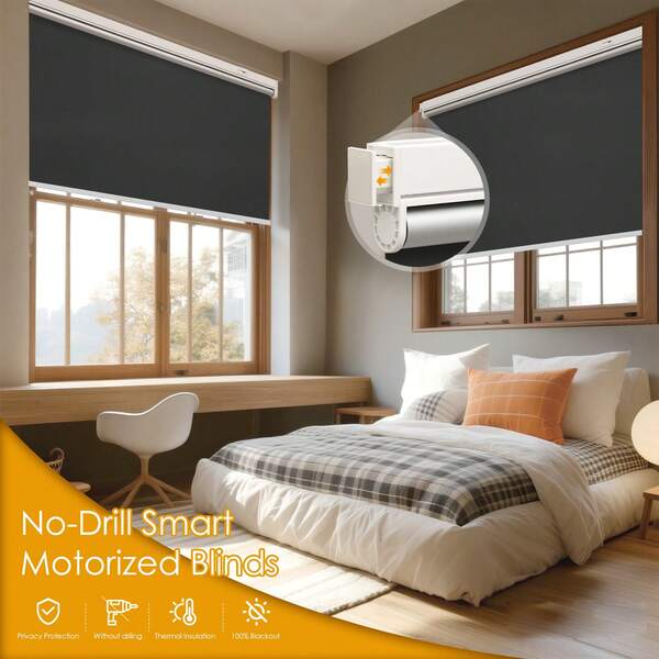 No Drill Cordless Roller Shades, Smart Motorized Blinds With Remote, Equip Solar Panels, 100% Blackout