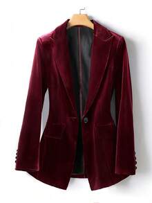 Women's Autumn/Winter Casual Light Commute Velvet Slim Fit Single-Breasted One-Button Long Sleeve Blazer - Burgundy - View 5