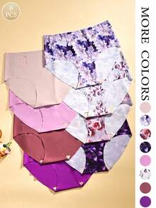 8pcs/Pack Women's Seamless Hipster Panties, Comfortable Fabric, Purple Solid & Heart Cutout Print, Sexy Underwear - Multicolor - View 1