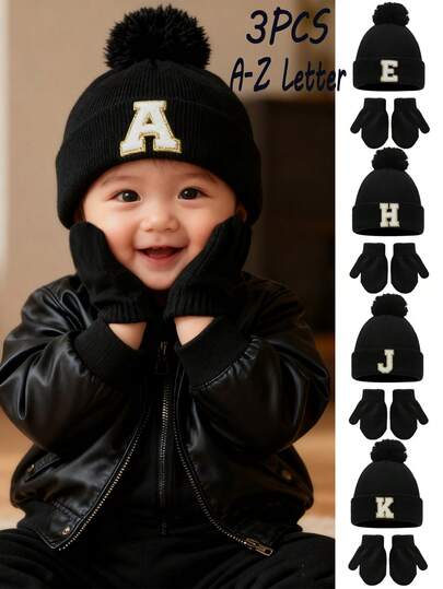 3-częściowy zestaw czapek i rękawiczek dziecięcych z dzianiny kablowej z literami A-Z, ciepła czapka zimowa dla niemowląt i dzieci w wieku 1-3 lat, do noszenia na co dzień