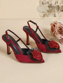 Women's New Burgundy Pointed Toe High Heels, 3D Rose Decor Backless Stiletto Shoes, Retro Style Party & Club Wear Buckle Pumps - Bordeaux - View 5