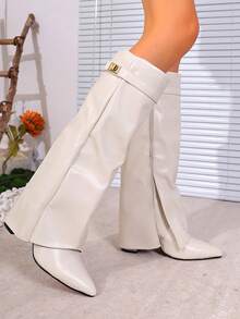 2025秋冬女士翻边过膝长靴，尖头高跟靴，时尚侧拉链米色长靴，优雅修身女士过膝长靴，春/复活节鞋履 - 米色 - 查看 3