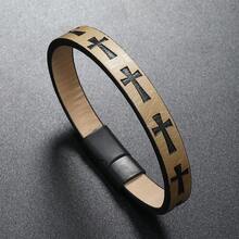 European And American  Alloy Leather Bracelet Men's Printed Cross Bracelet Magnet Buckle Retro Simple Woven Leather Bracelet - 咖啡 - 查看 9