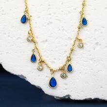1 chiếc dây chuyền mặt dây hình giọt nước màu xanh dương thanh lịch, mạ vàng 18K trên chất liệu đồng, thời trang và đa năng, thích hợp đeo hàng ngày, tinh tế và ngọt ngào. - Vàng - Xem 5