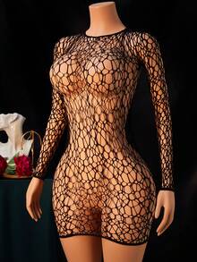 女士性感内衣渔网紧身迷你连衣裙脱衣舞娘装扮镂空沙滩罩衫网纱睡裙娃娃衫 - 黑色 - 查看 3