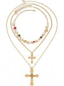 Layered Necklace Set Women – Vintage Gold Pearl Choker, Multi-Strand Chain With Religious Pendant, Baroque Statement Jewelry, Adjustable Fashion - 三層金十字架 - 查看 4