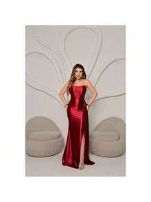 Elegant And Sexy Strapless Maxi Party Dress With Side Slit And Back Tie. Ideal For Bridesmaids/Smart Casual Attire/Wedding Guests/Graduates/Formal Occasions. - 酒紅色 - 查看 2