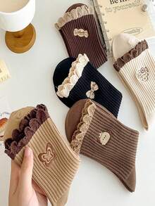 5 Pairs Butterfly Lace Trim Mid-Calf Socks For Women, Fashionable & Versatile - Multicolor - View 3