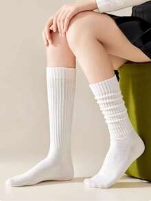 Tất cao đến đùi phong cách dễ thương cho nữ mùa thu/đông, màu trơn đen trắng cơ bản, thích hợp với bốt cao đến đầu gối/giày bệt, tạo phong cách lười biếng, món đồ mặc ngoài thiết yếu, tất ấm áp - Nhiều màu - Xem 6