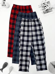 男士格子印花休闲直筒睡裤三件套，透气宽松抽绳腰带运动裤，带口袋，弹性舒适长裤，多色套装 - 彩色 - 查看 3