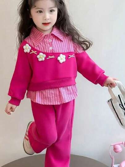 2 件套年轻女孩甜美休闲学院风花卉点缀长袖上衣和裤子套装，适合秋冬季