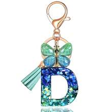 JINGUAZI Initial Letter Keychains For Women Tassel Butterfly Pink Purple Cute Car Keychain For Wallet Backpack Bag Charm{Inchcolor_nameinch:InchD-BlueGreeninch} - D-biruHijau - View 1