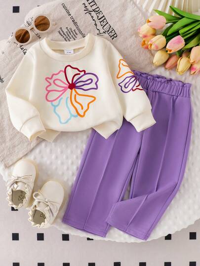 2 件套女婴花卉印花运动衫和宽松腰部荷叶边休闲裤套装，春秋