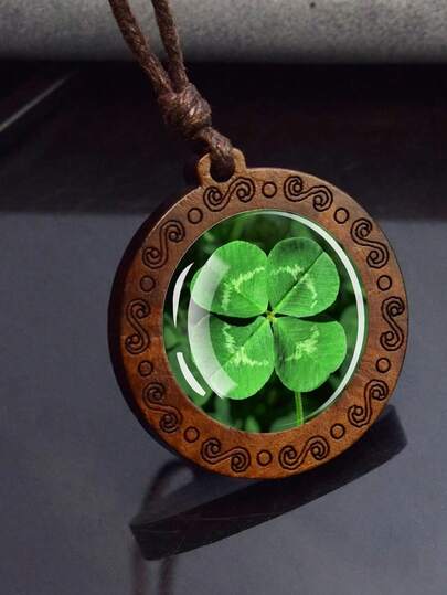 1pc Four Leaf Clover Pendants Shamrock Green Lucky Grass Wooden Pendant Rope Chains Necklace For Men And Women Valentines,Mom,Mother,Mother's Day,Gift