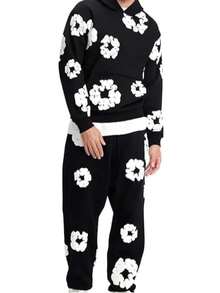 Denim T Gothic Peony Print Sweatsuit Set 2026, Hip Hop Streetwear Oversized Hoodie & Joggers, Y2K Retro Graphic Lounge Set, Unisex Autumn Winter Daily Wear - màu đen - Xem 4