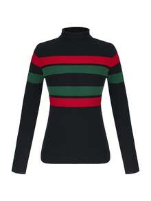 ii Women's High Neck Raglan Sleeve Fitted Striped Knit Pullover Sweater Black - Black - View 2