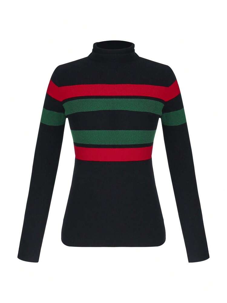 ii 女士高领插肩袖修身条纹针织套头毛衣 黑色 - 黑色 - 查看 2